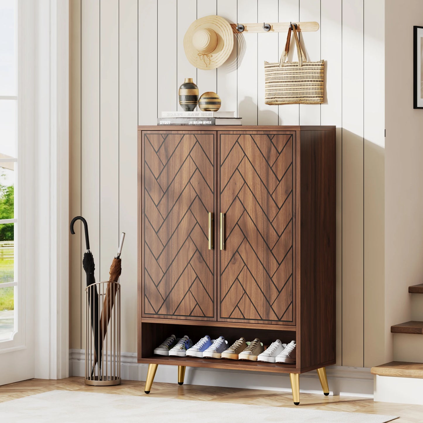 Tribesigns 6-Tier Shoe Cabinet With Doors Walnut Wood Entryway Storage