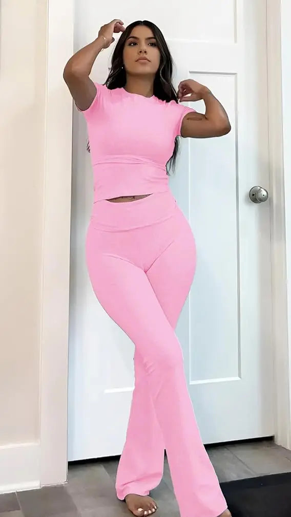 ZhejiangCraft Of Weaving Womens Two Piece Yoga Set With Short Sleeve Top And Flared Trousers