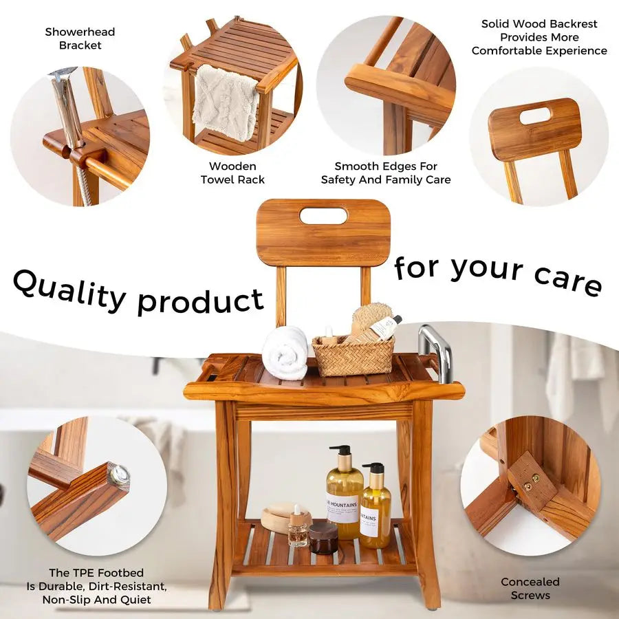 XMSJ Teak Shower Bench With Backrest And Handles For Durable Bathroom Stool With Built In Storage