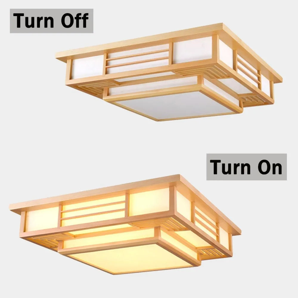 LED Ceiling Light Remote Dimming Japanese Zen Style Wood Fixture
