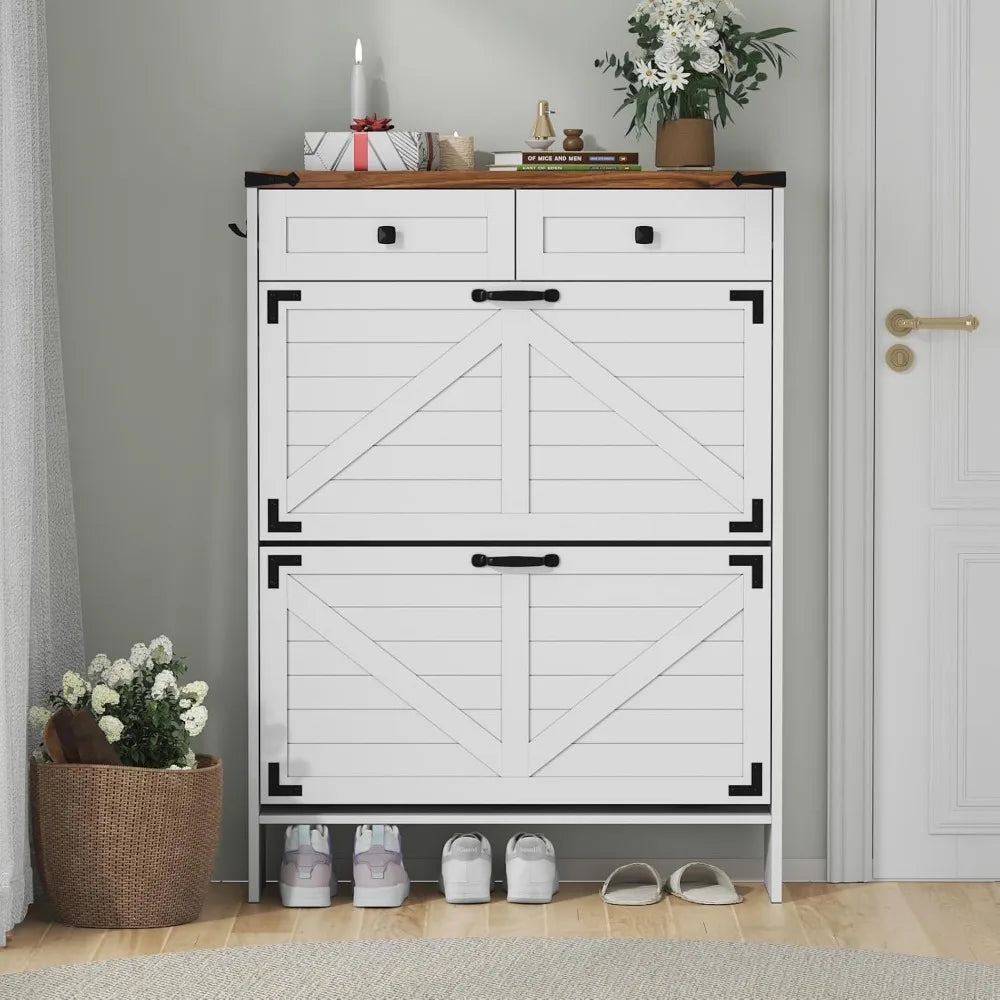 Shoe Cabinet with 2 Flip Drawers, Hidden Shoe Storage Cabinet with 2 Pull-Out Drawers, Farmhouse Shoe Organizer for Entryway, Na