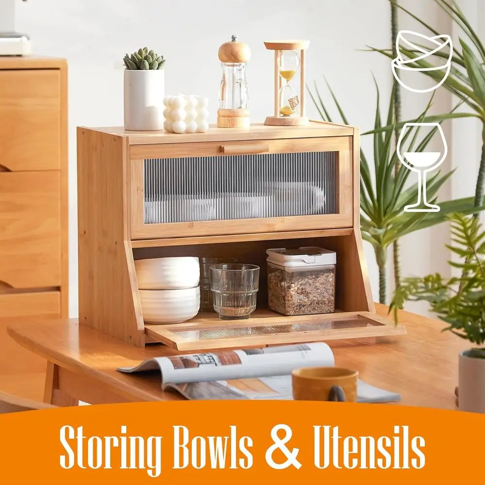 Bamboo Bread Box With Wavy Acrylic Door For Kitchen Counter