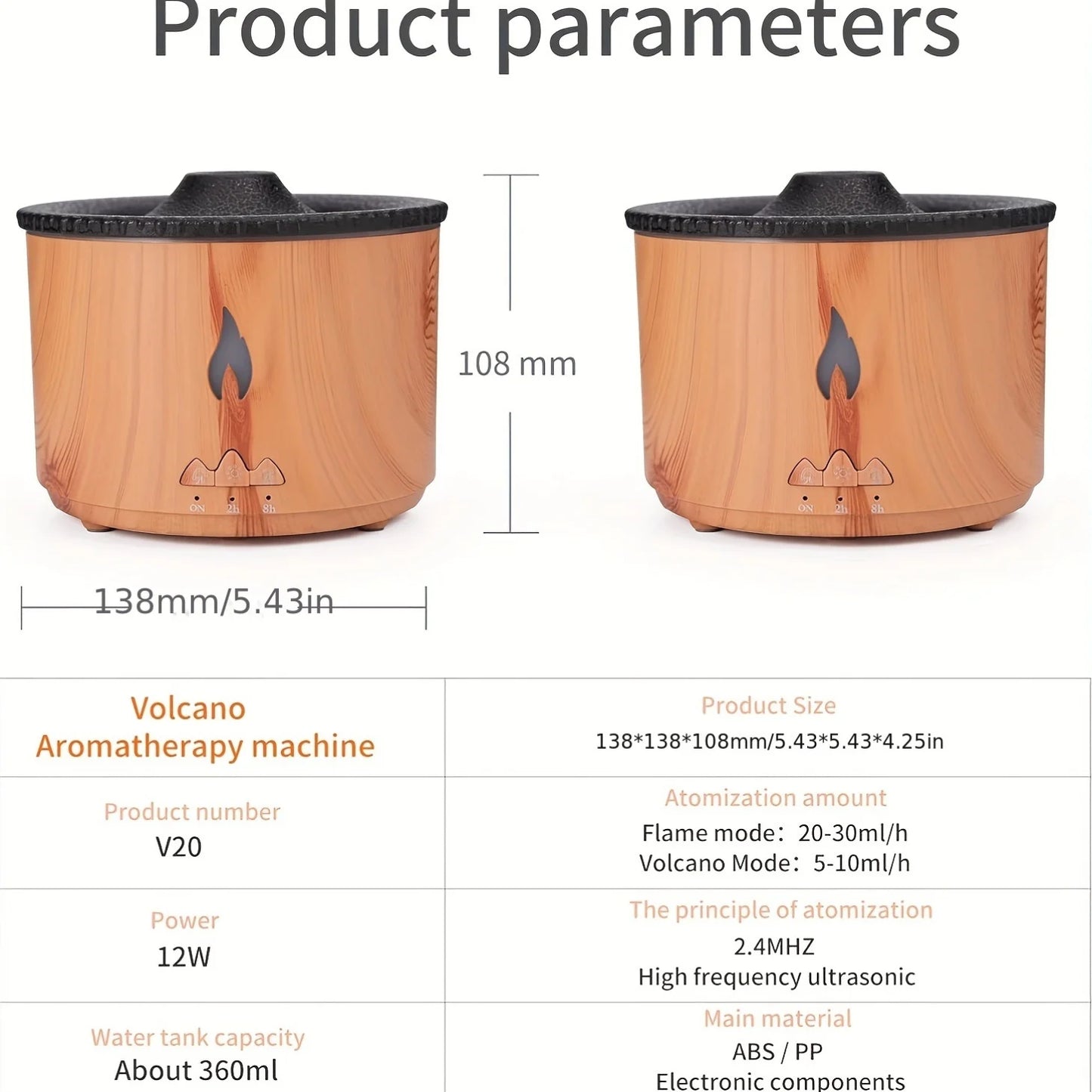 Volcano Flame Diffusers Cool Mist Humidifier for Home Ultrasonic Aromatherapy Diffuser with Essential Oil Tray Quiet Electronics