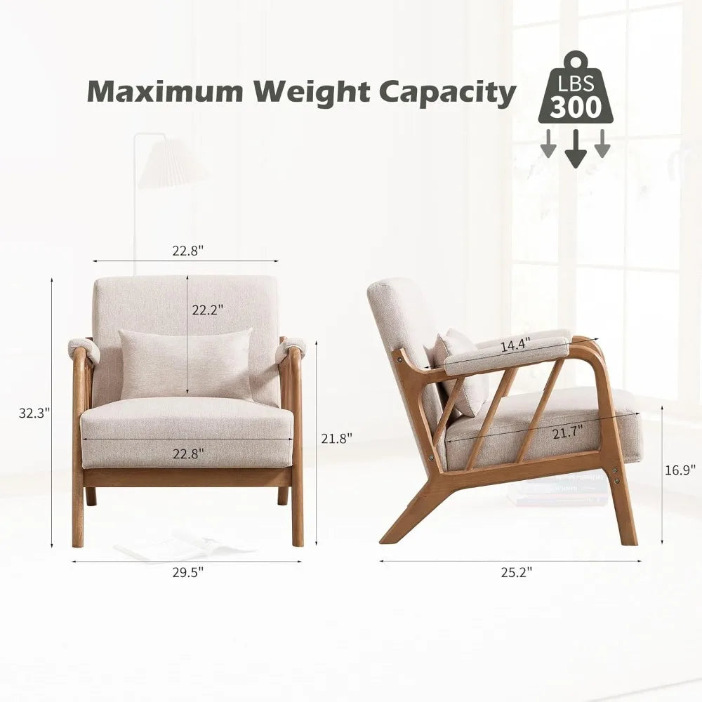 Mid Century Modern Accent Chair with Solid Wood Frame, Upholstered Living Room Chairs with Lumbar Cushion Padded Arms, Reading A