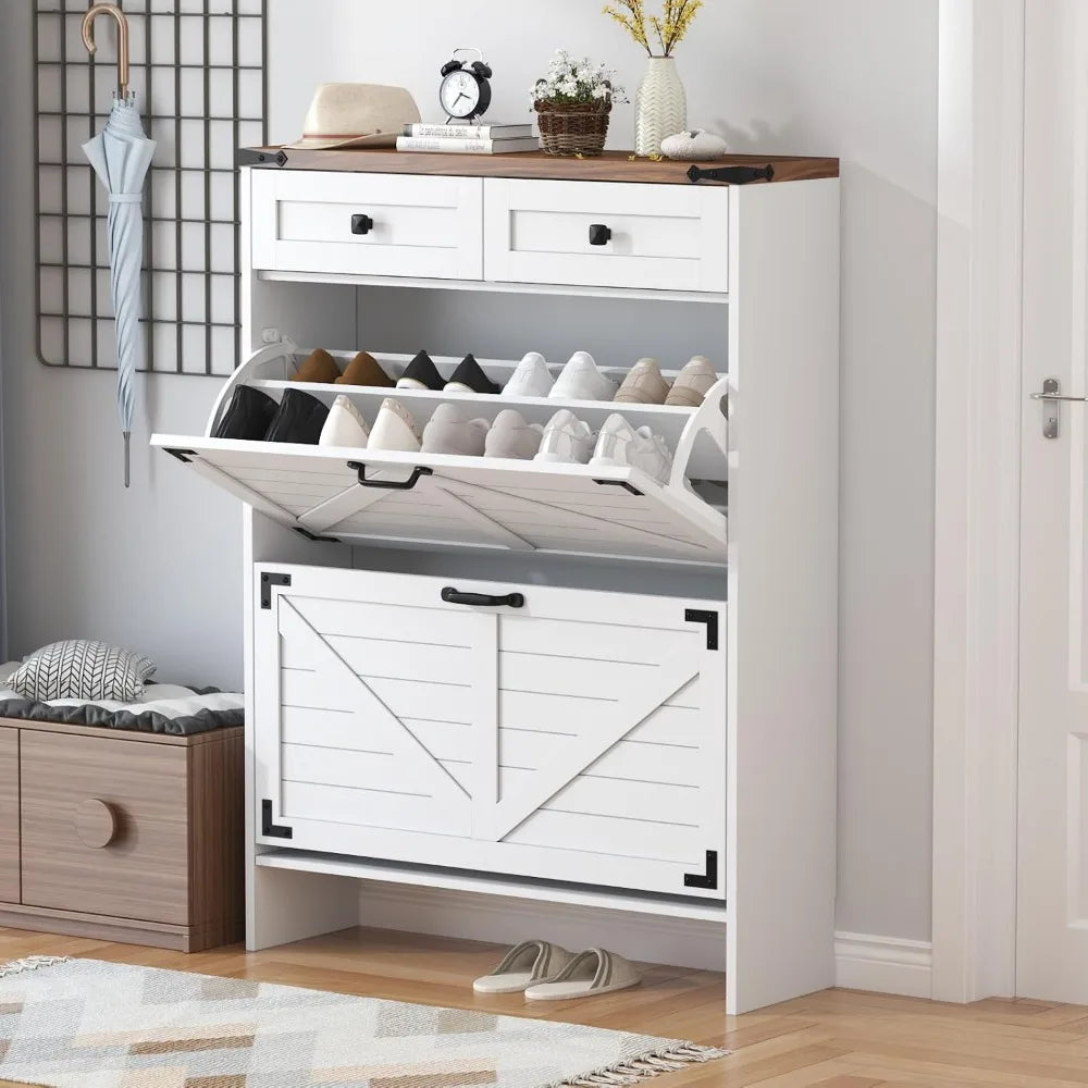 Shoe Cabinet with 2 Flip Drawers, Hidden Shoe Storage Cabinet with 2 Pull-Out Drawers, Farmhouse Shoe Organizer for Entryway, Na