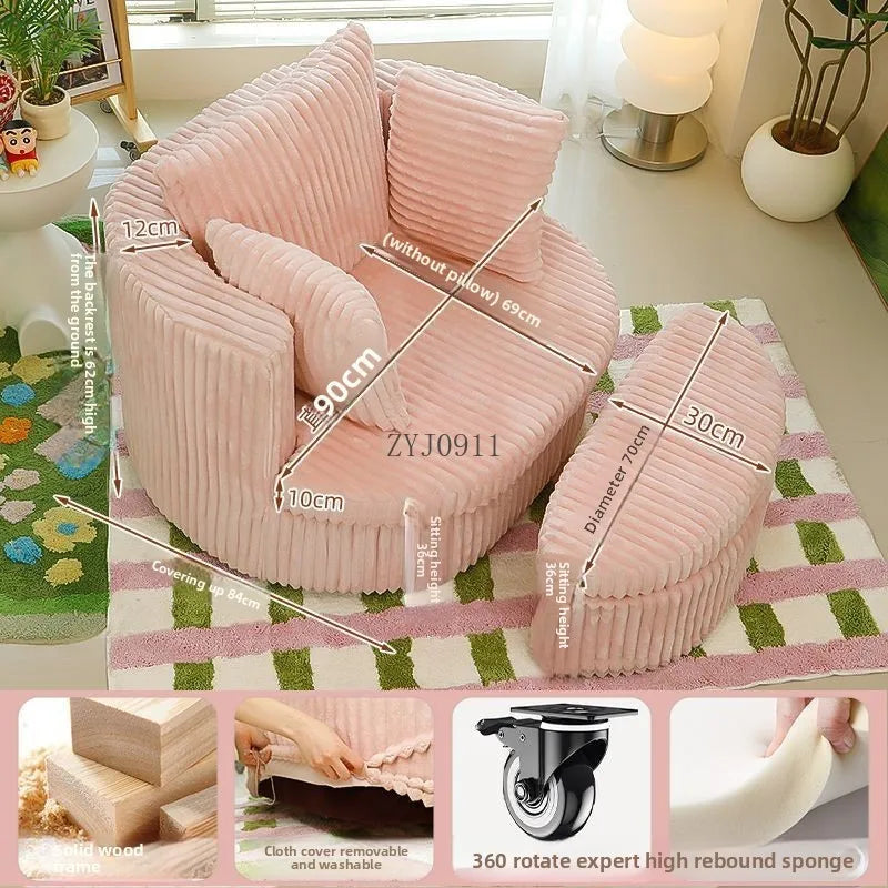 New corduroy cream sofa living room single pink rotating sofa