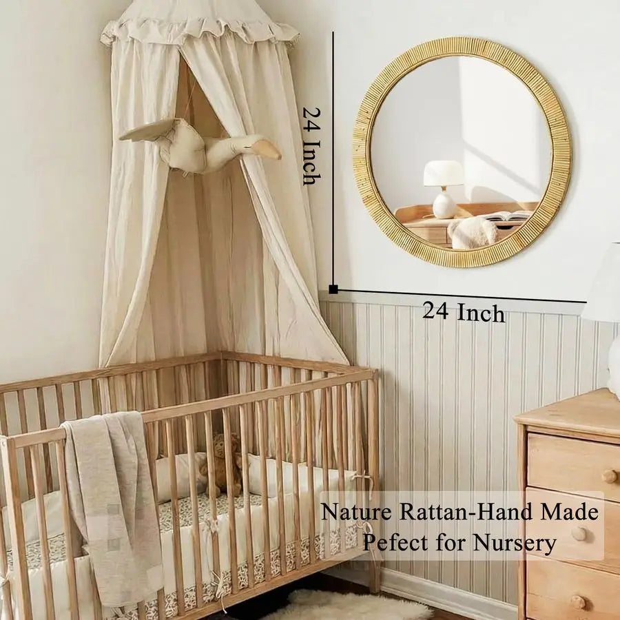 Rattan Wall Mirror Boho Round Vanity For Bedroom Living Room