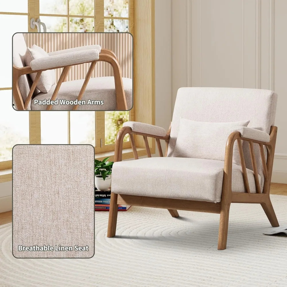 Mid Century Modern Accent Chair with Solid Wood Frame, Upholstered Living Room Chairs with Lumbar Cushion Padded Arms, Reading A