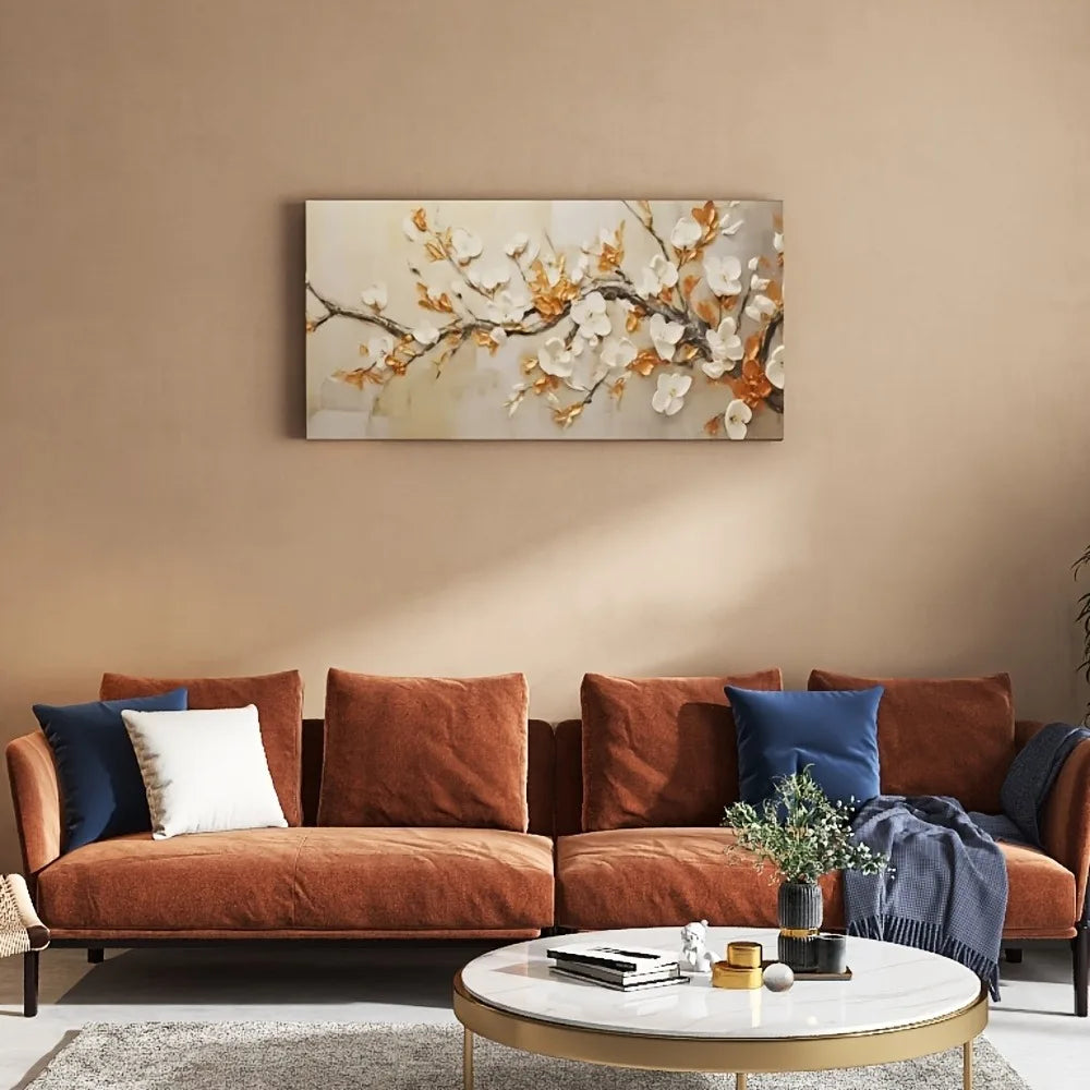 Large modern pine frame plum blossom canvas wall art - 1.5 "thick abstract flower painting with gold accents