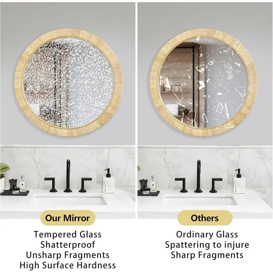 Rattan Wall Mirror Boho Round Vanity For Bedroom Living Room