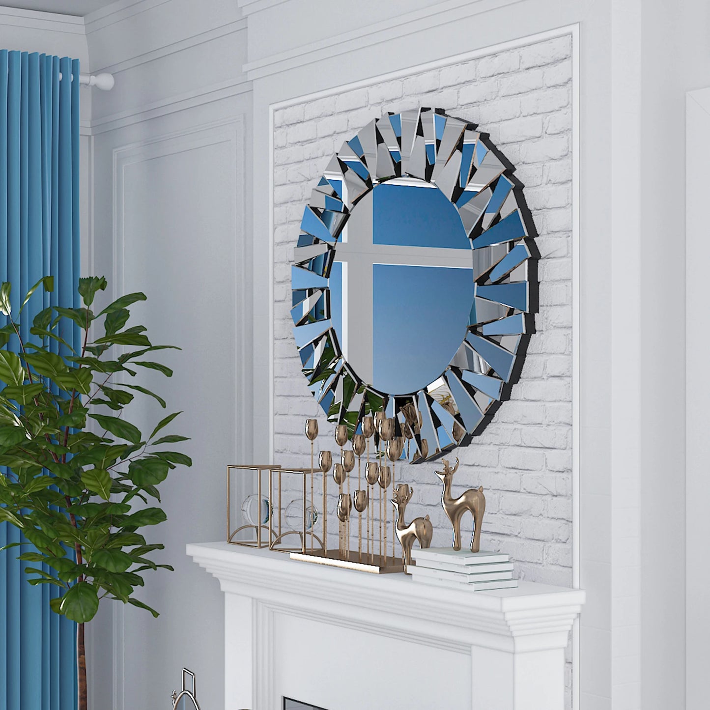 Sunburst Round Mirror Wall Decor Silver Glass Wall Mount