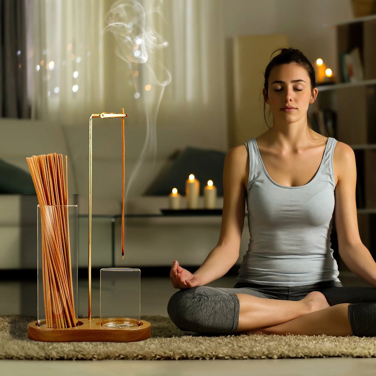 2 in 1 Incense Holder Anti-Ash Flying Incense Burne with Glass Ash Catcher and Incense Sticks Organizer for Meditation Yoga Spa