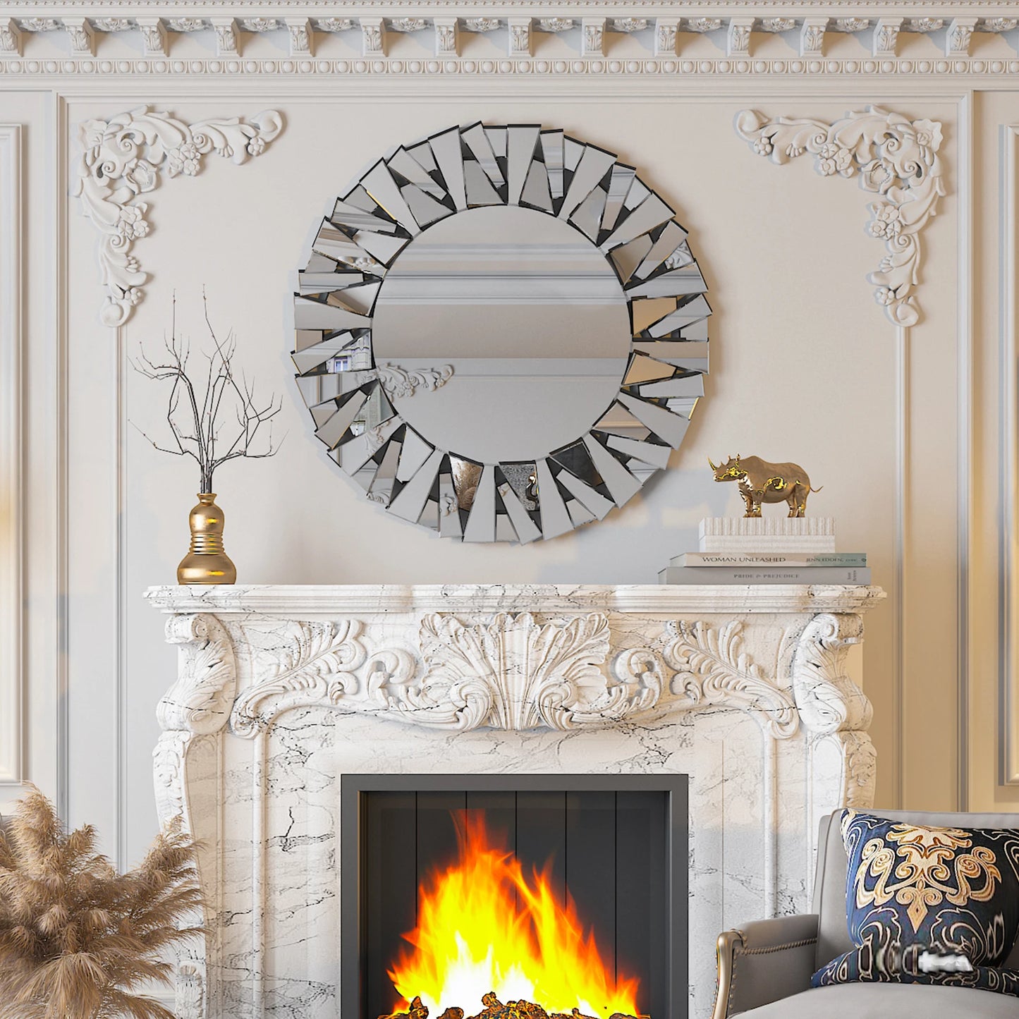 Sunburst Round Mirror Wall Decor Silver Glass Wall Mount