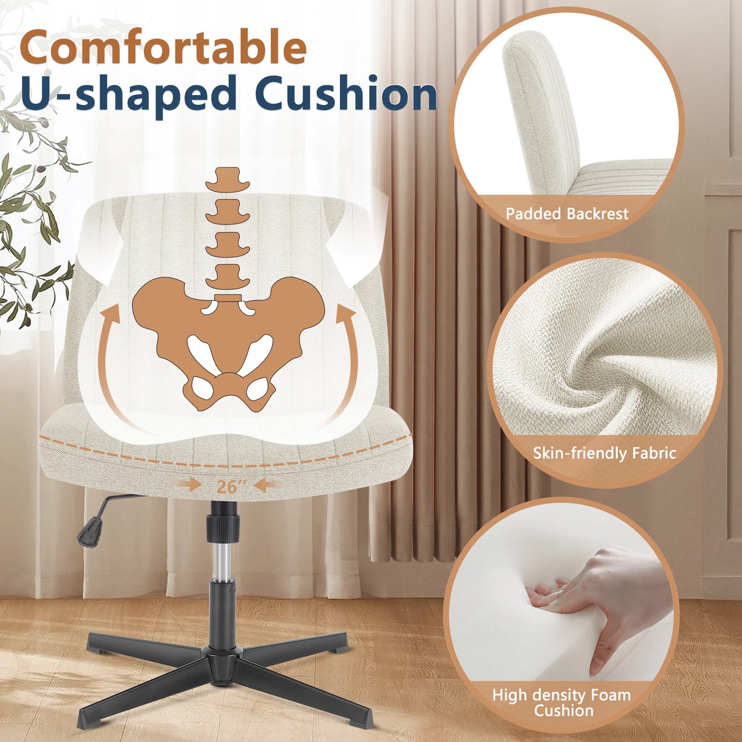JHK Cross Legged Office Chair With Rocking Swivel Fabric