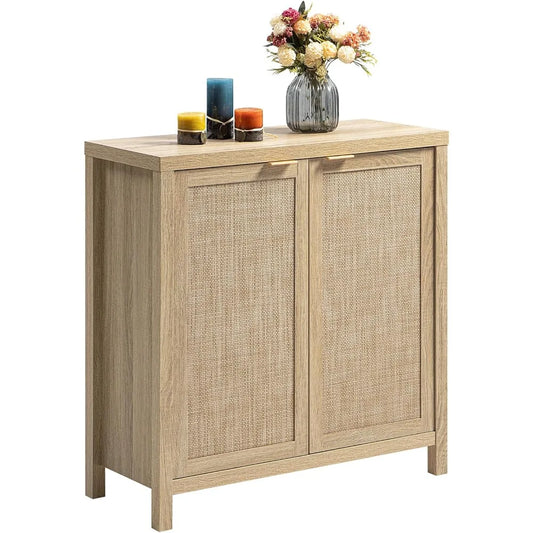 rattan sideboard buffet cabinet - boho large credenza storage coffee bar cabinet with rattan storage, buffet console accent tab