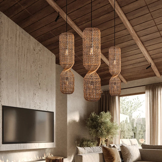 Tongue Feast Rattan Pendant Lamp Cylindrical Handwoven Chandelier Living Room