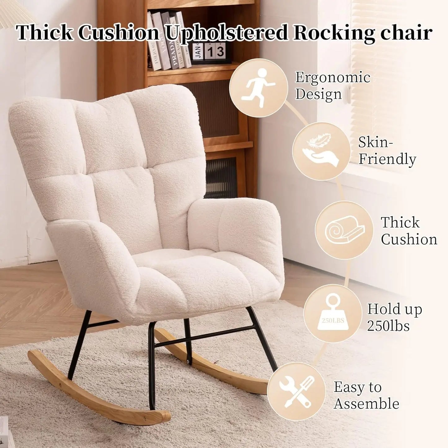 Nursery Rocking Chair Teddy Upholstered Glider Rocker High Back Armchair