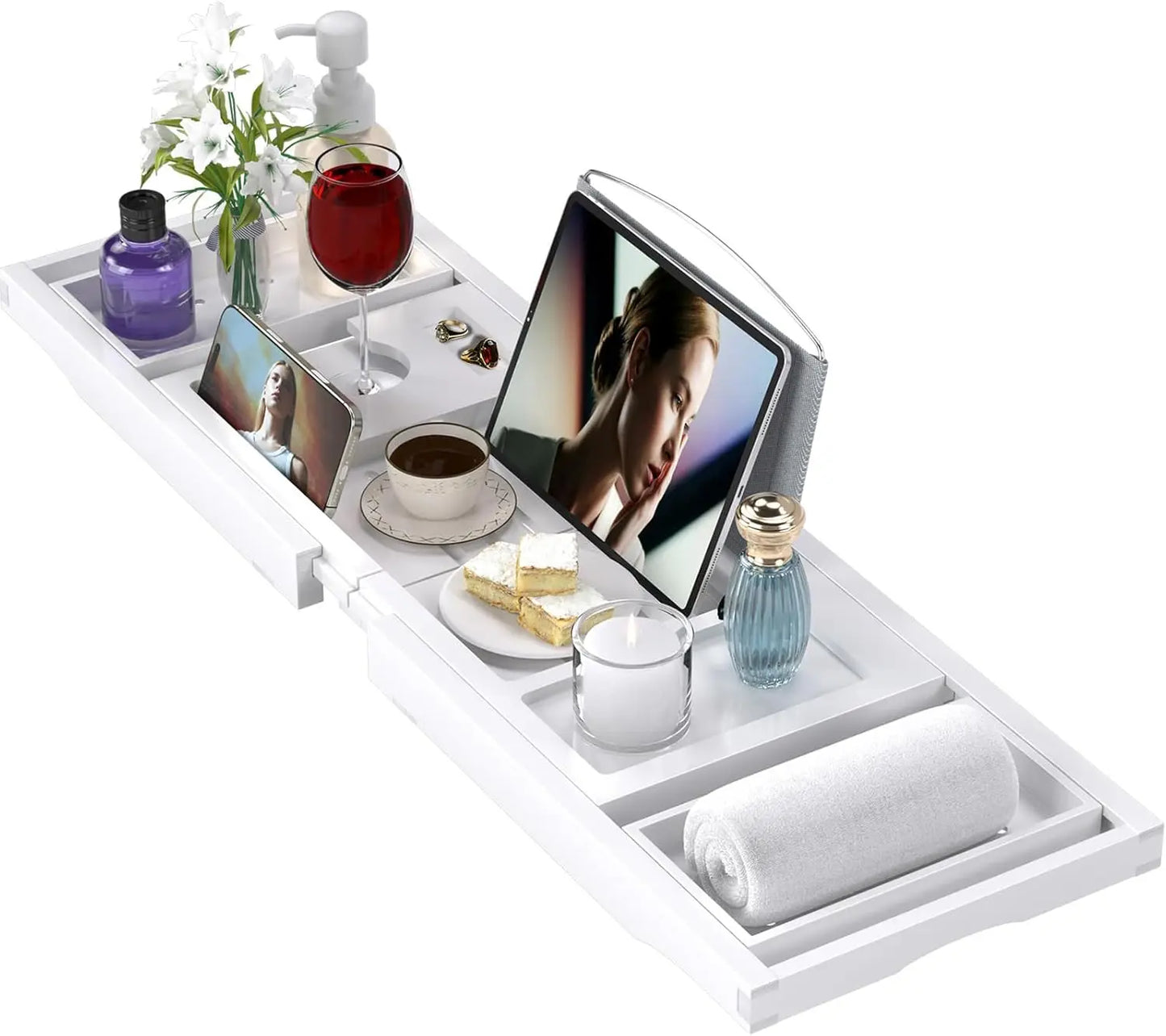 Hign-concerned SuperCollapsible Bamboo Bathtub Caddy Tray with Wine Glass Holders