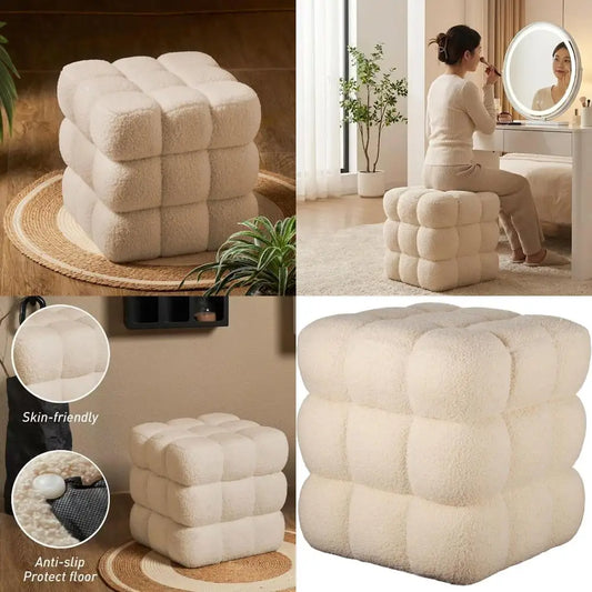 Modern Fuzzy Sherpa Ottoman Cube Footstool Boucle Fabric 330 Lbs Capacity Vanity Stool Living Room