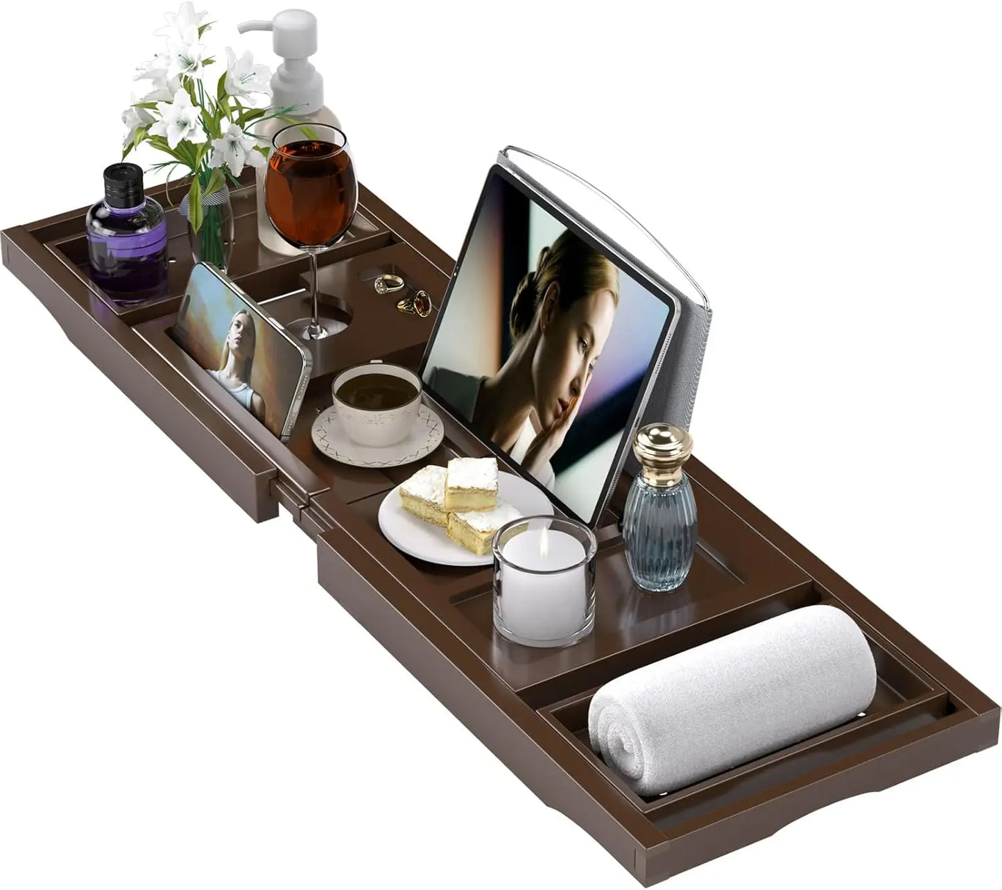 Hign-concerned SuperCollapsible Bamboo Bathtub Caddy Tray with Wine Glass Holders