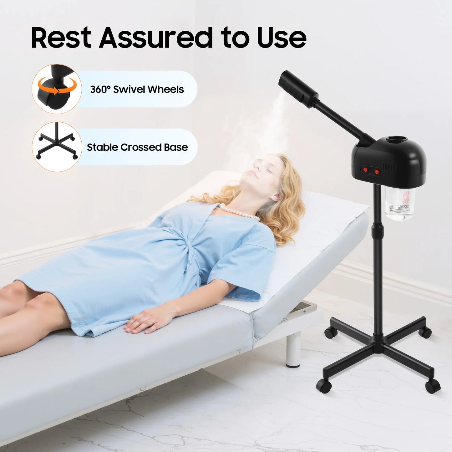 800W 110V Facial Steamer Floor Standing 750ml Tank 42°C Warm Steam with 360° Wheels for Salon SPA Skin Care US Plug