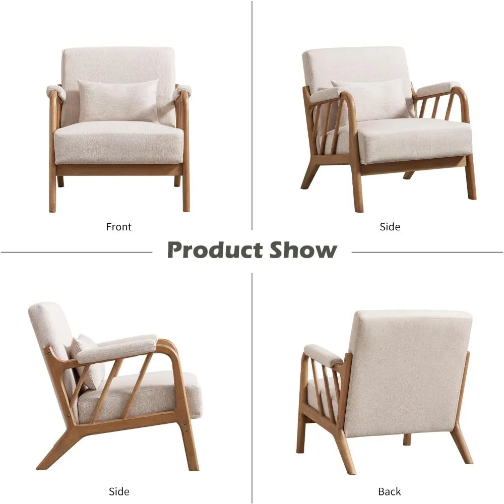 Mid Century Modern Accent Chair with Solid Wood Frame, Upholstered Living Room Chairs with Lumbar Cushion Padded Arms, Reading A