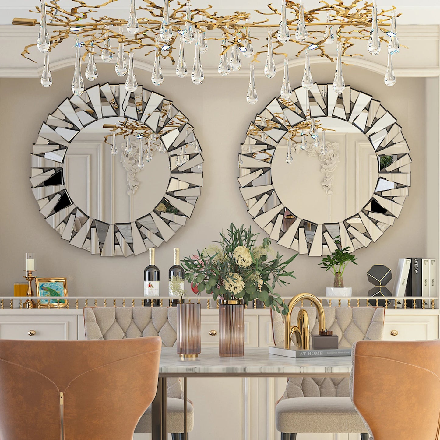 Sunburst Round Mirror Wall Decor Silver Glass Wall Mount