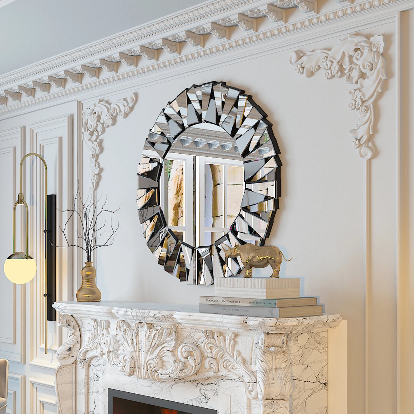 Sunburst Round Mirror Wall Decor Silver Glass Wall Mount