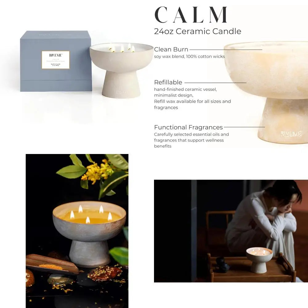 Luxury Hand-Poured Soy Candle with Essential Oils, 5 Wick, Osmanthus & Sandalwood Scent, Ceramic Container, Aromatherapy Relaxat