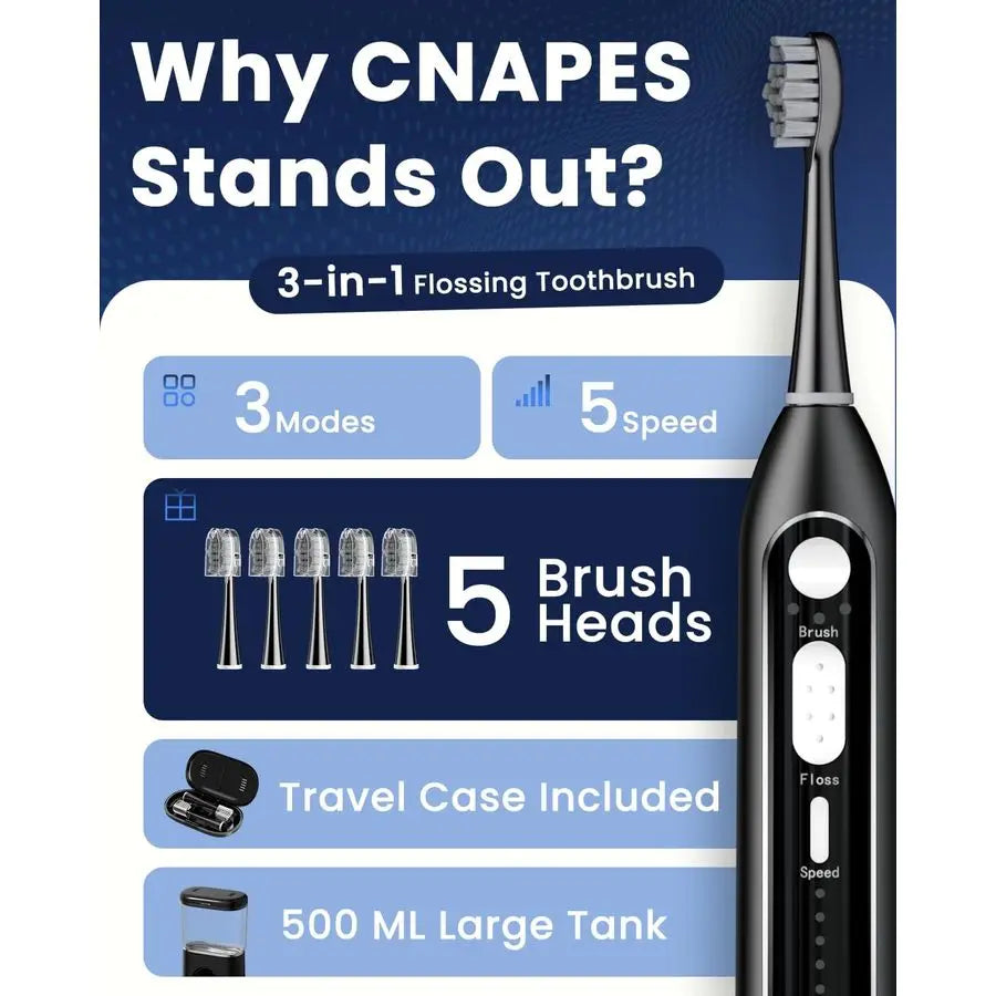 Toothbrush with Water Flosser 3 in 1 Combo, Advanced 2.0 Flossing Toothbrush, Cordless Teeth Cleaning, 3 Modesamp5 Speeds, Recha