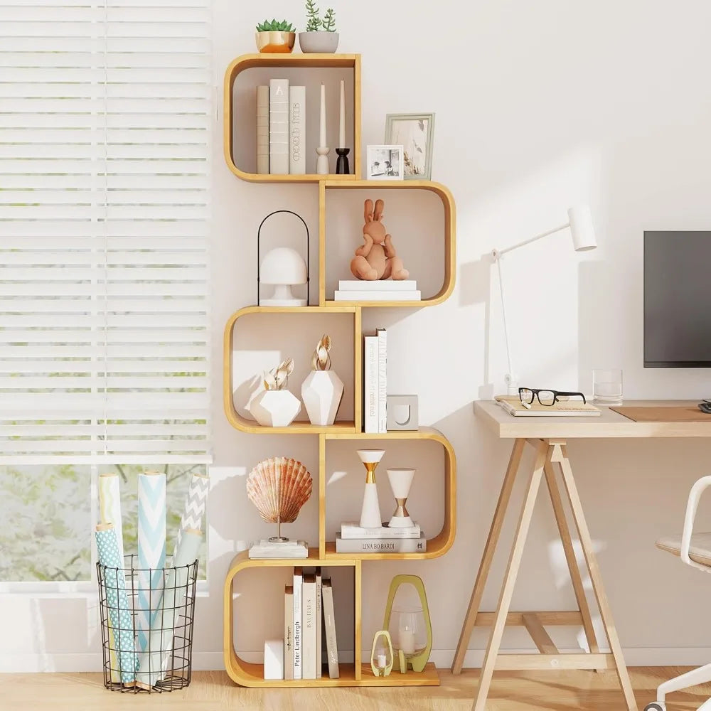 Bamboo Geometric Bookshelf 5-Tier S-Shaped Freestanding Display Shelf Unit Modern