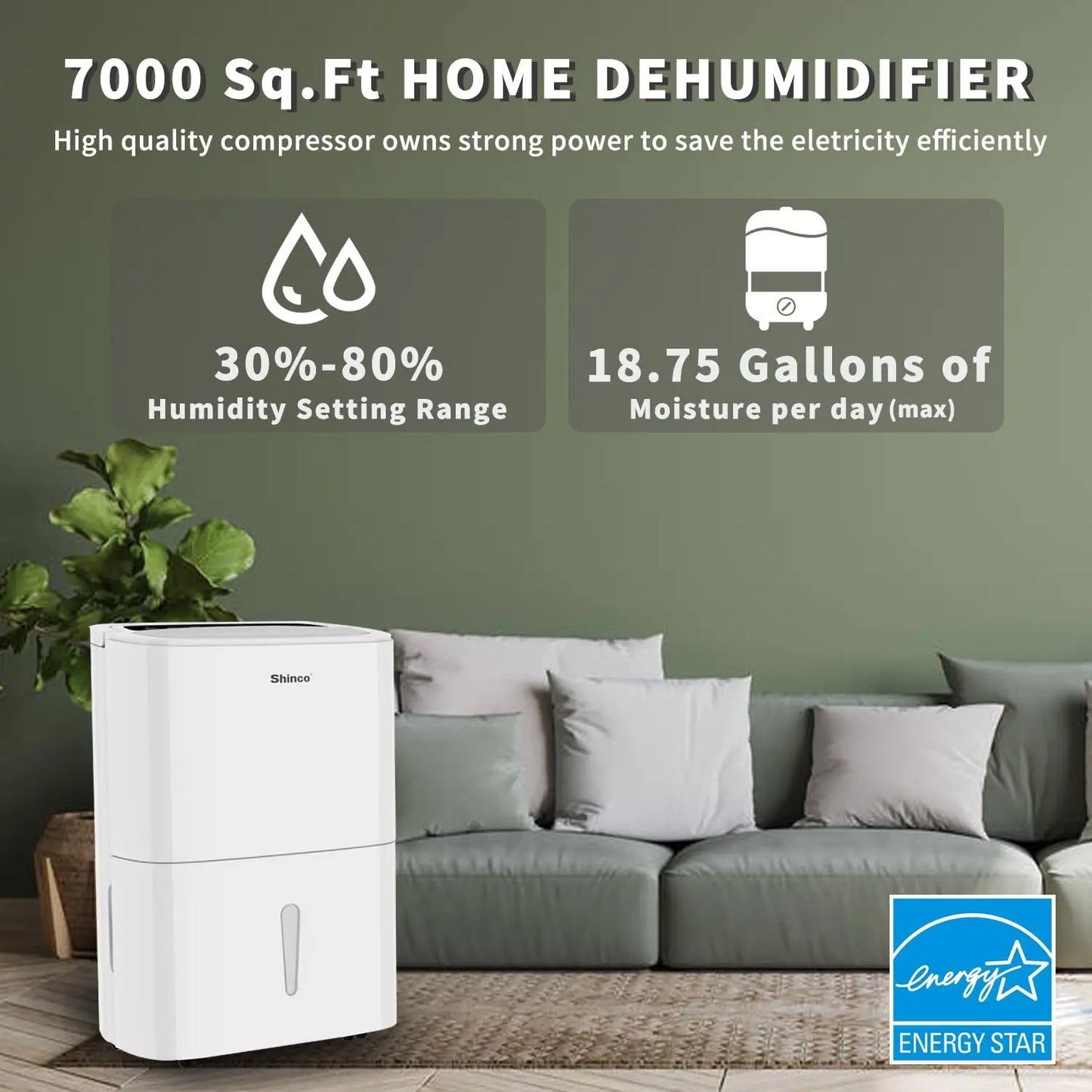 Shinco Energy Star Dehumidifier With WiFi For Large Spaces Up To 7000 Sq Ft Built In Pump