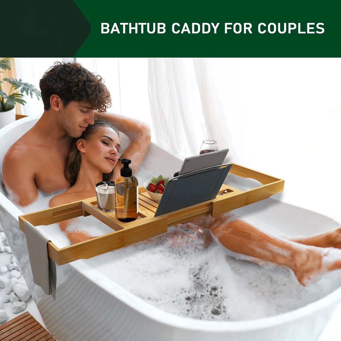 Hign-concerned SuperCollapsible Bamboo Bathtub Caddy Tray with Wine Glass Holders