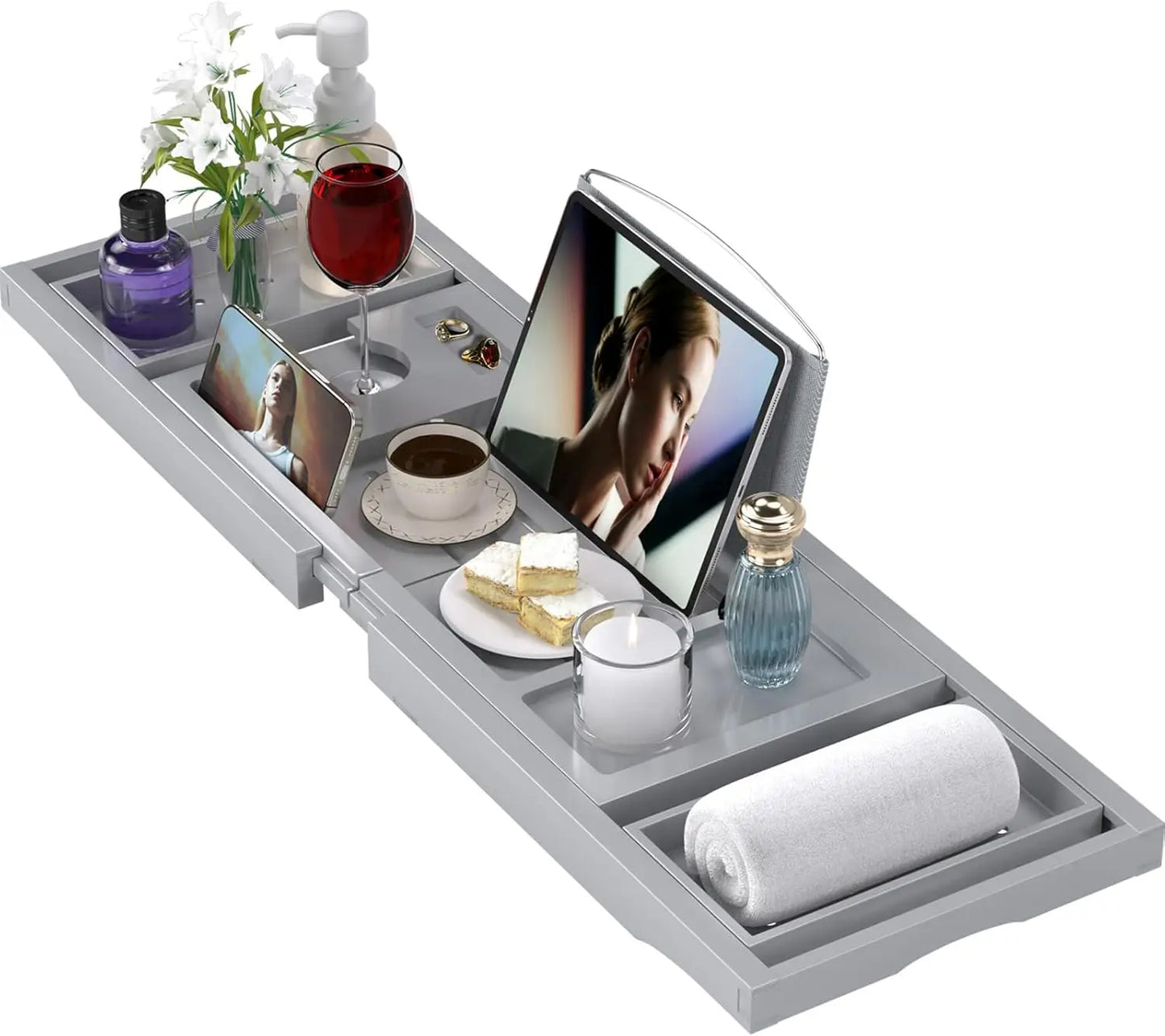 Hign-concerned SuperCollapsible Bamboo Bathtub Caddy Tray with Wine Glass Holders