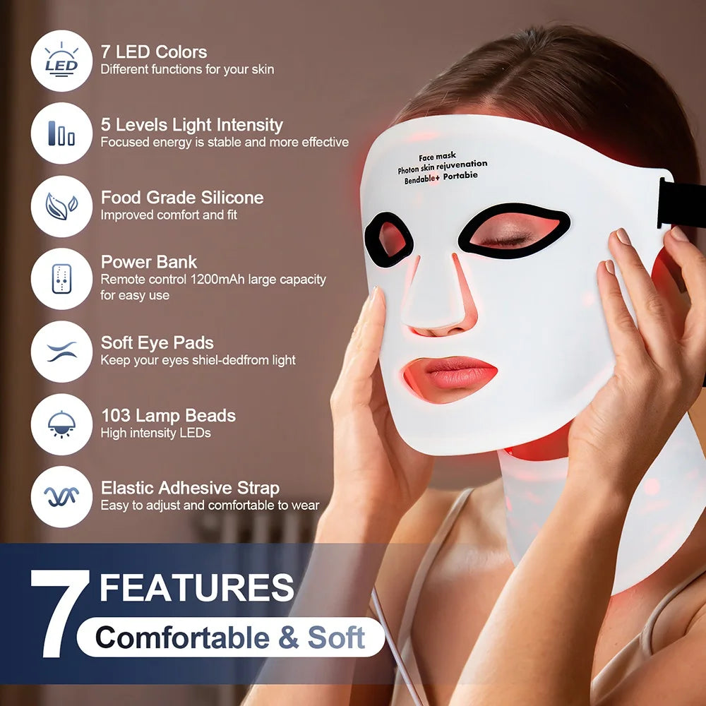 Foreverlily Silicone LED Mask With Neck 7 Color Red Light Infrared Therapy