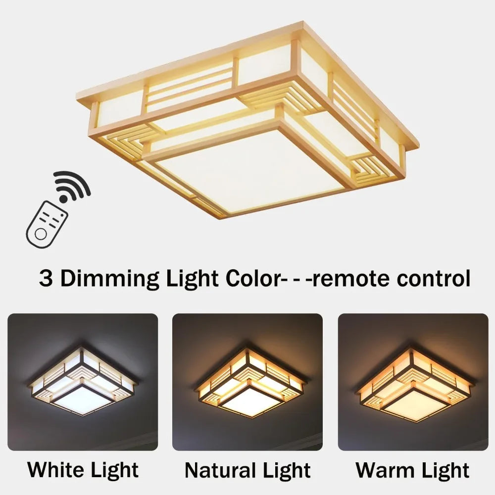LED Ceiling Light Remote Dimming Japanese Zen Style Wood Fixture