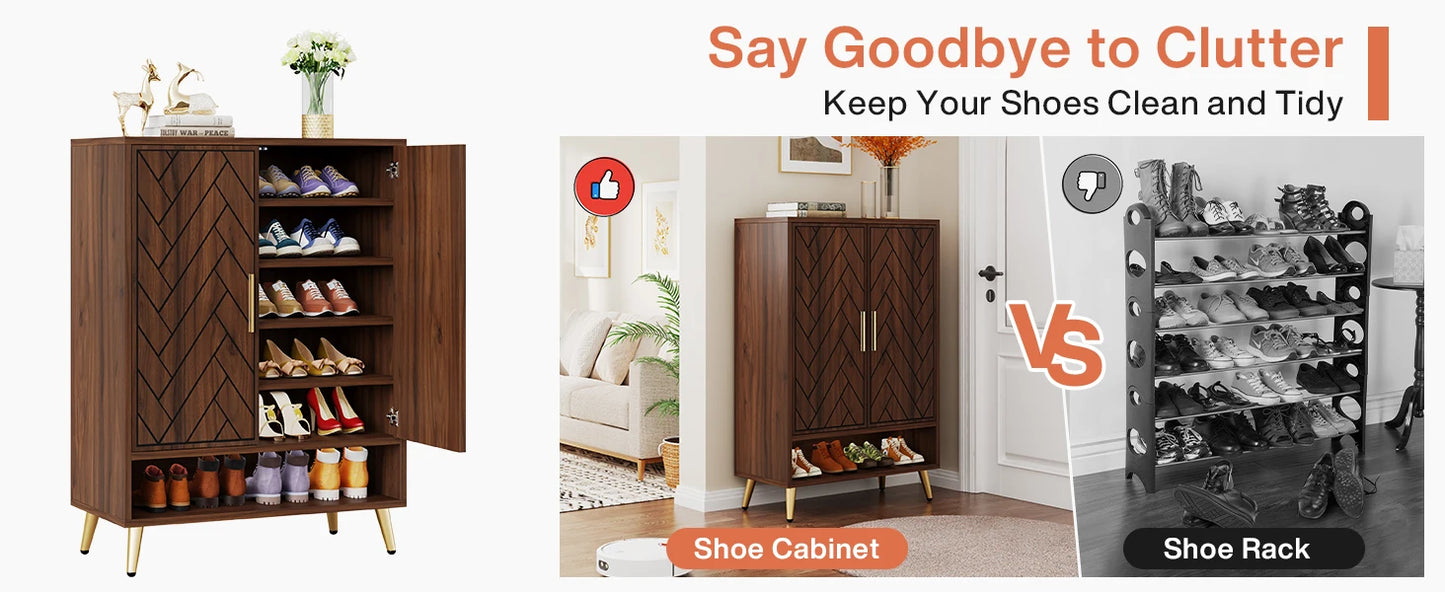 Tribesigns 6-Tier Shoe Cabinet With Doors Walnut Wood Entryway Storage