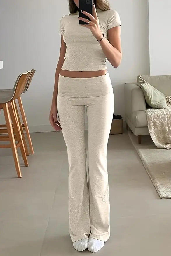ZhejiangCraft Of Weaving Womens Two Piece Yoga Set With Short Sleeve Top And Flared Trousers