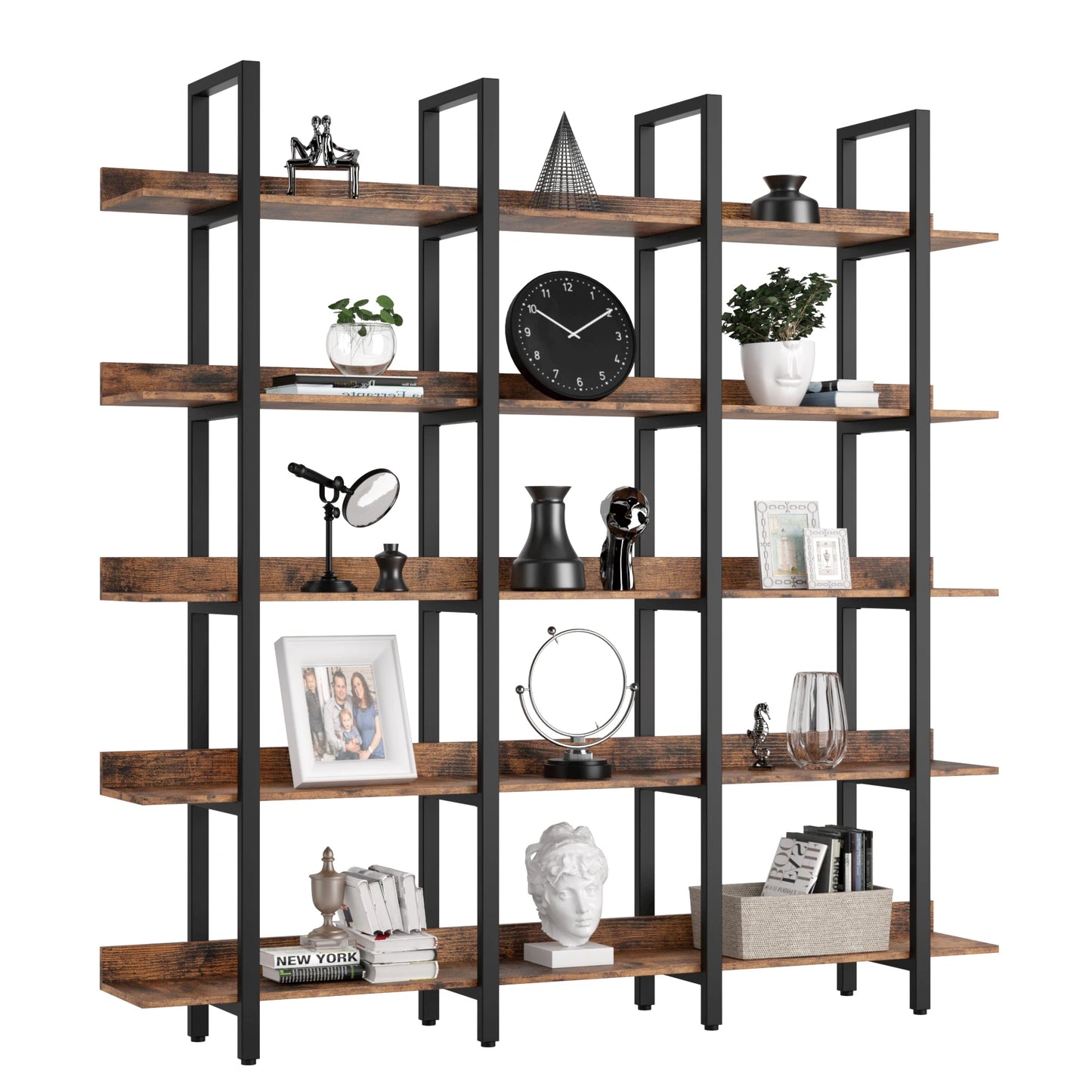 IRONCK Triple Wide 5 Tier Etagere Bookcase With Back Fence
