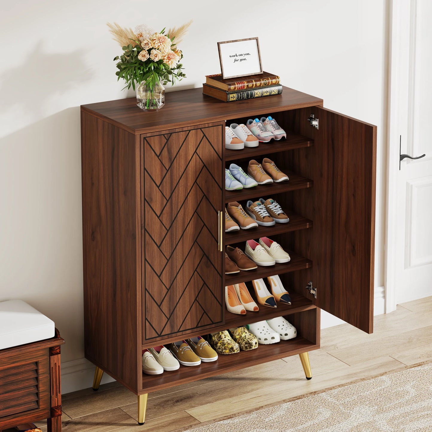Tribesigns 6-Tier Shoe Cabinet With Doors Walnut Wood Entryway Storage