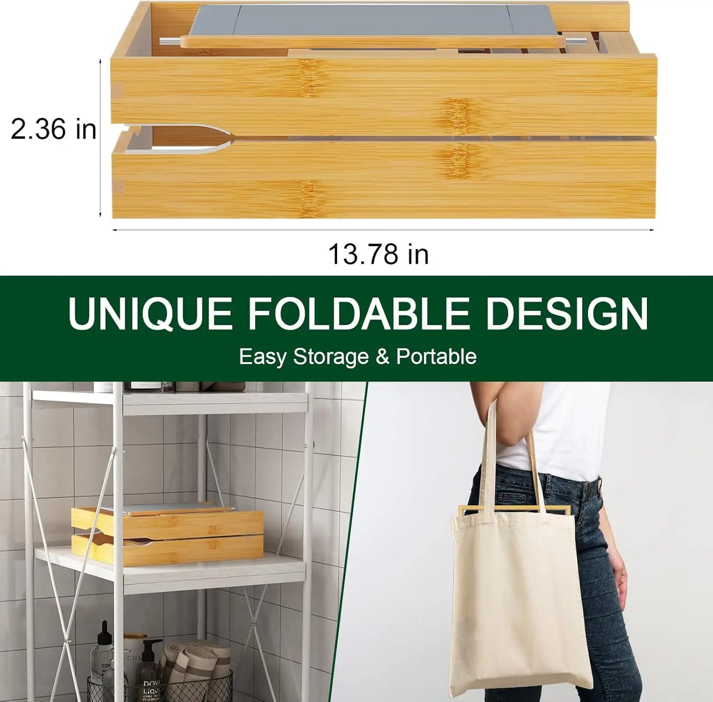 Hign-concerned SuperCollapsible Bamboo Bathtub Caddy Tray with Wine Glass Holders