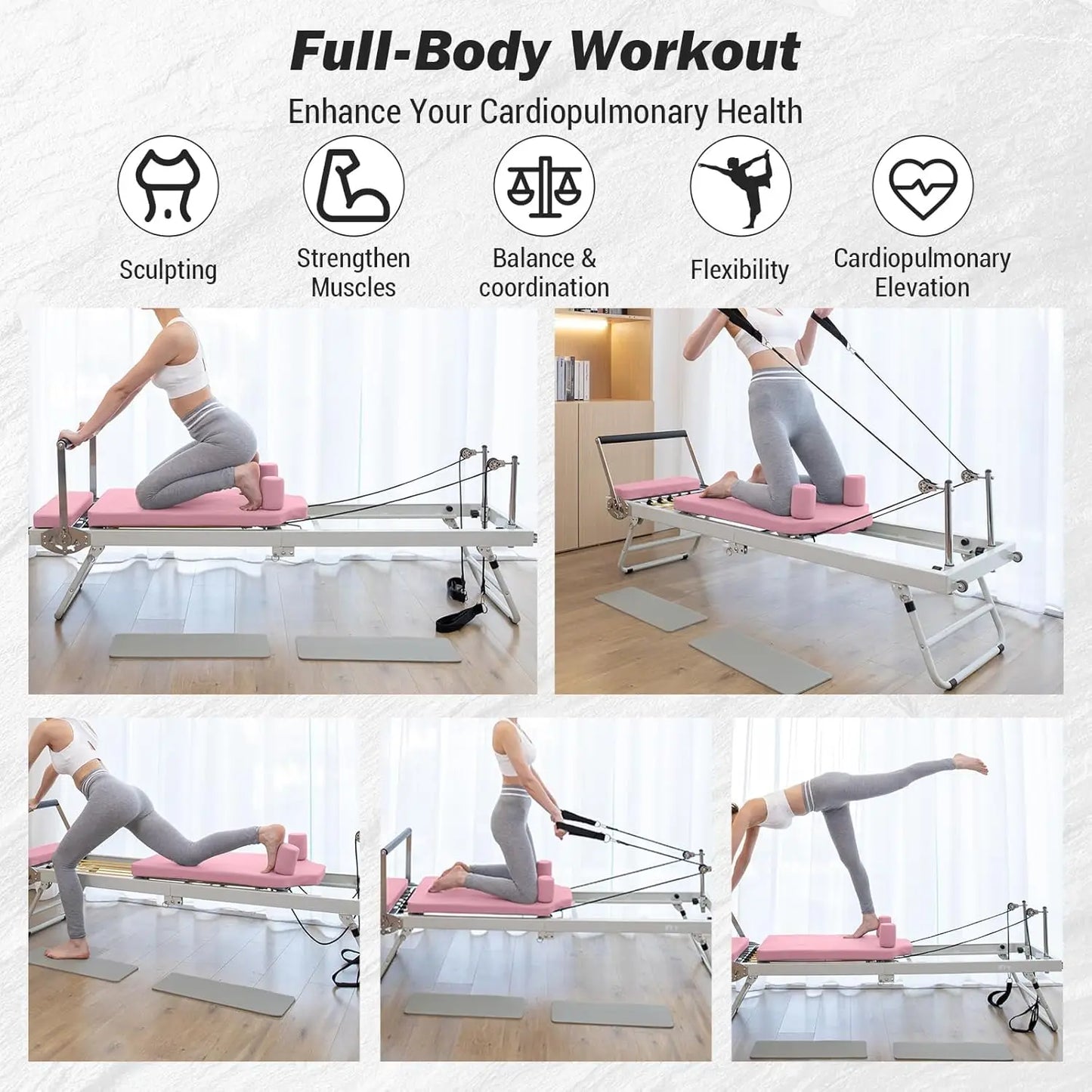 Pilates Reformer Machine for Home Gym Exercise with Adjustable Resistance