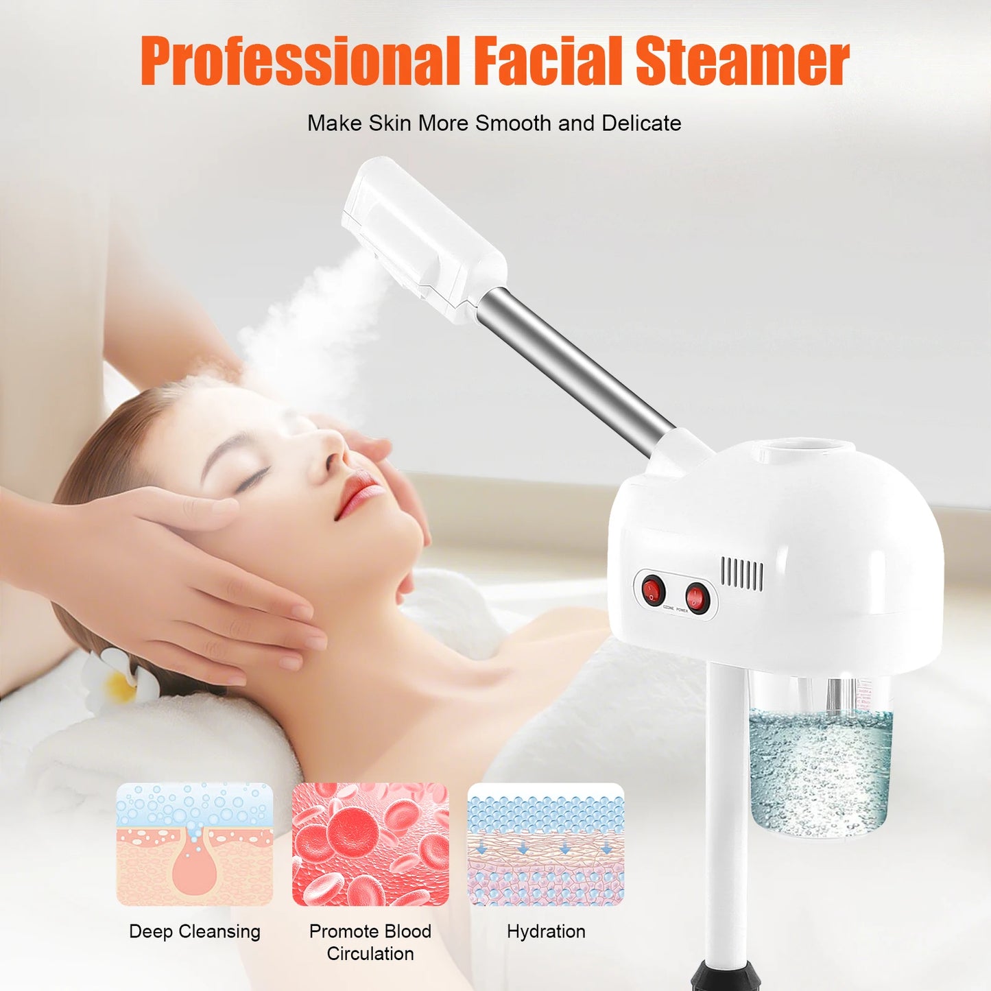 800W 110V Facial Steamer Floor Standing 750ml Tank 42°C Warm Steam with 360° Wheels for Salon SPA Skin Care US Plug