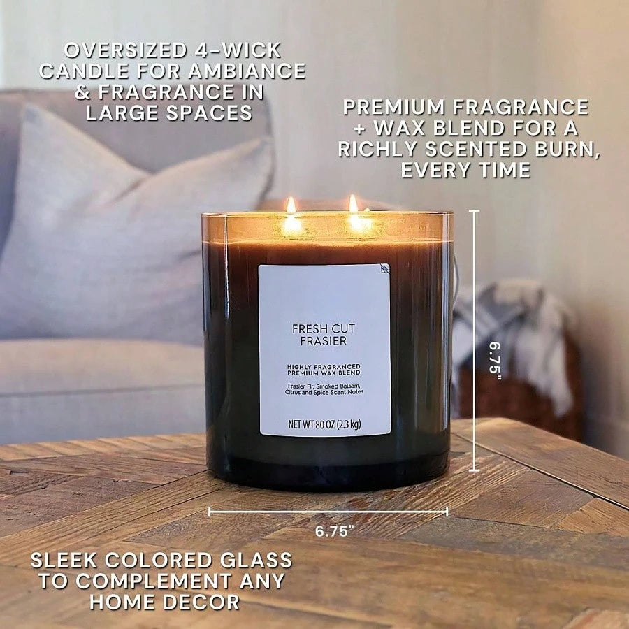 Cut Frasier Scented 4 - Wick 80oz Large Oversized Jar Candle in White with Warm Woody Notes for Home Ambiance