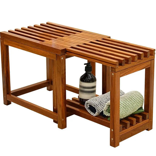 XMSJ Adjustable Teak Shower Bench Non Slip With Storage Shelf