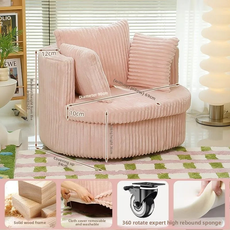 New corduroy cream sofa living room single pink rotating sofa