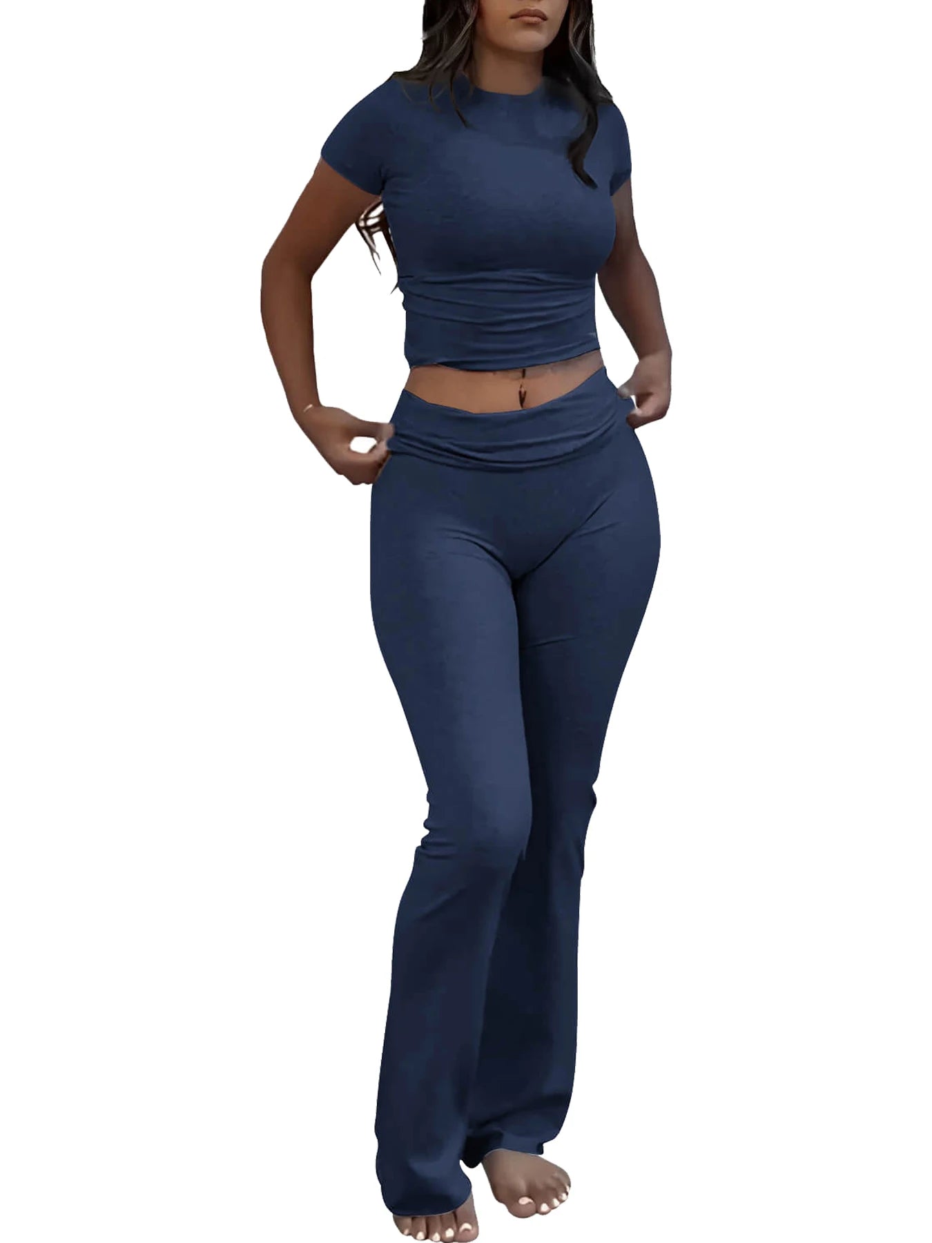 ZhejiangCraft Of Weaving Womens Two Piece Yoga Set With Short Sleeve Top And Flared Trousers