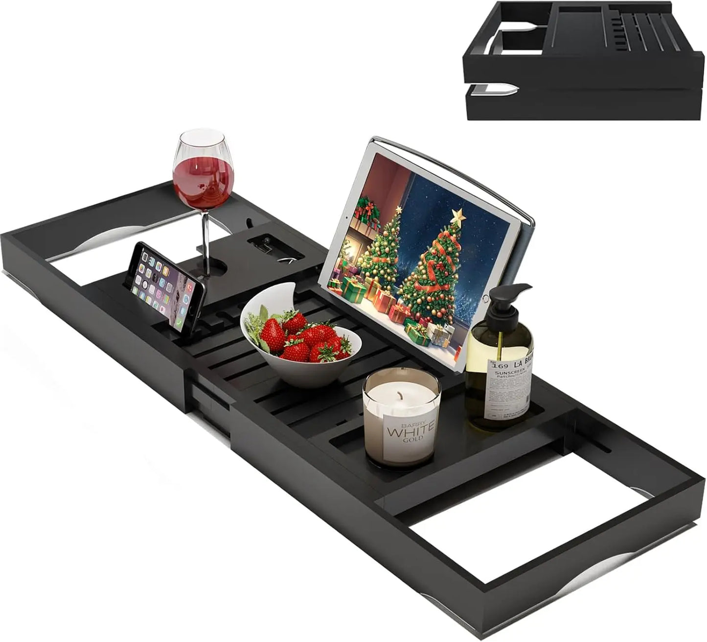 Hign-concerned SuperCollapsible Bamboo Bathtub Caddy Tray with Wine Glass Holders