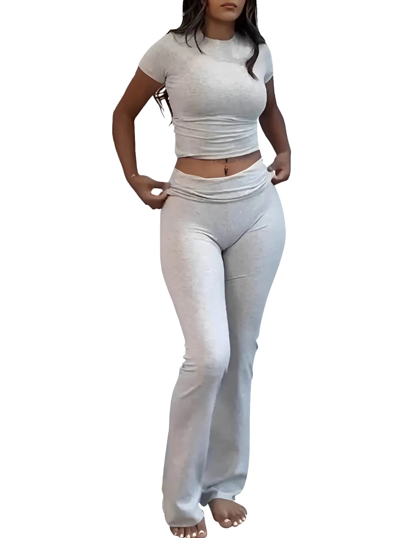 ZhejiangCraft Of Weaving Womens Two Piece Yoga Set With Short Sleeve Top And Flared Trousers