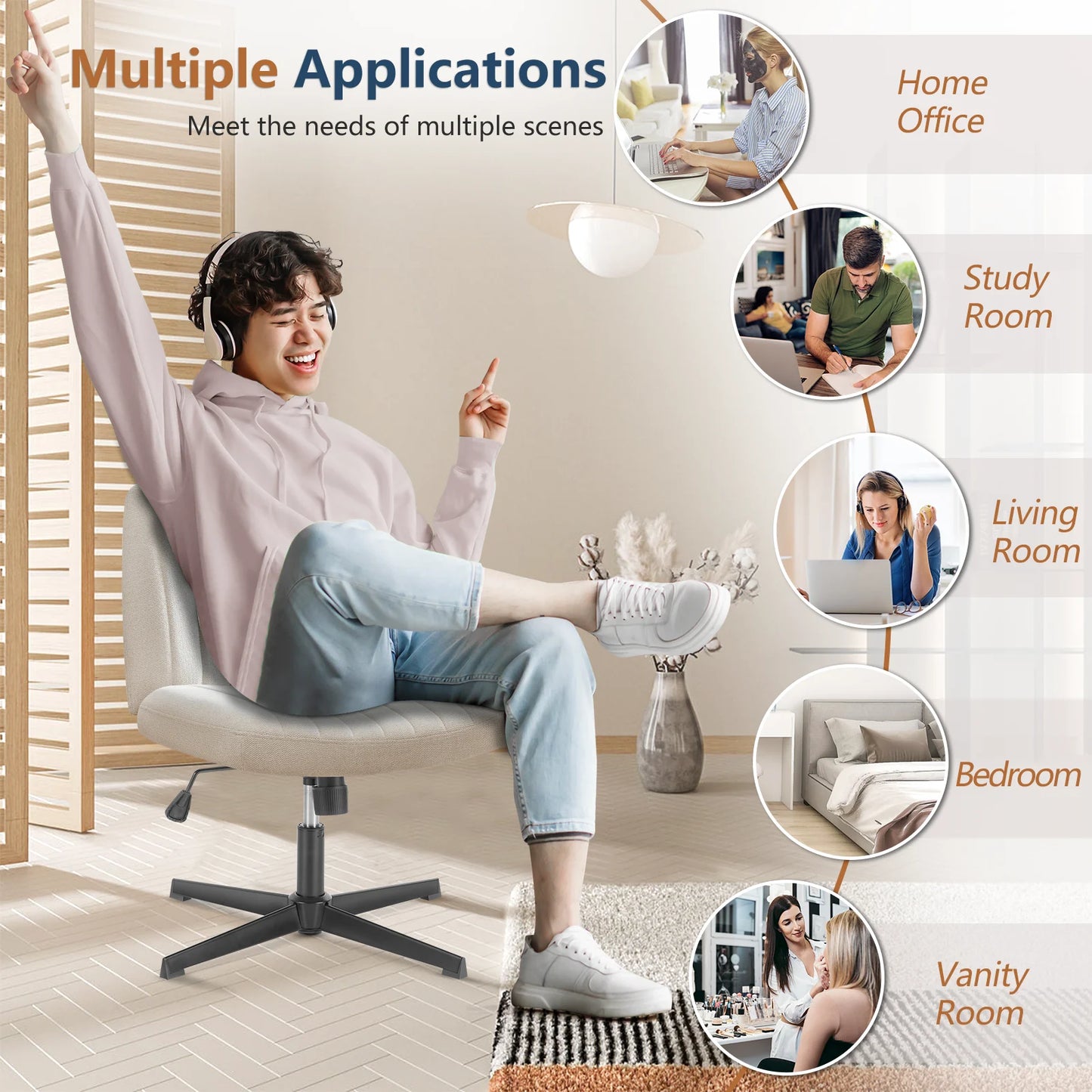 JHK Cross Legged Office Chair With Rocking Swivel Fabric